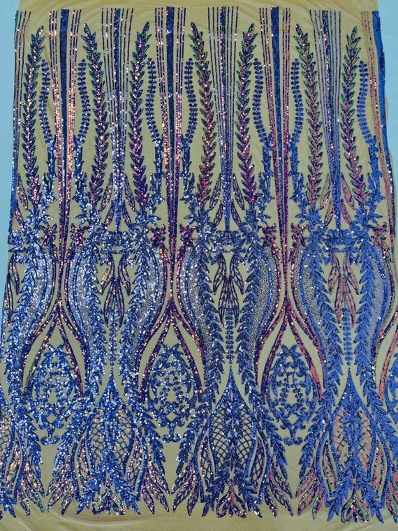 Two Tone Damask Design with Sequins Embroider on a 4 Way Stretch Mesh Fabric-Sold by The Yard. Lavender Nude