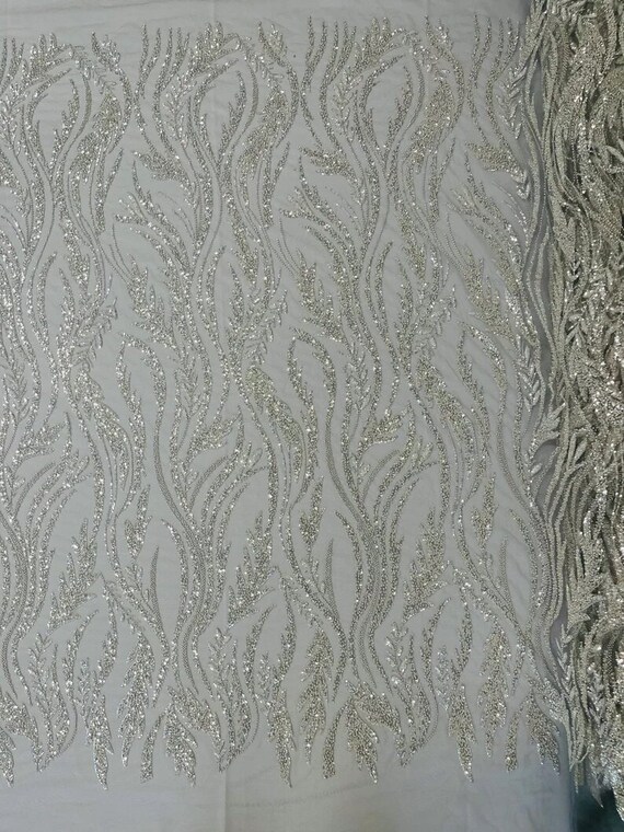 Festival Design Embroider and Heavy Beading on a Mesh Lace-Sold By The Yard. Silver Clear