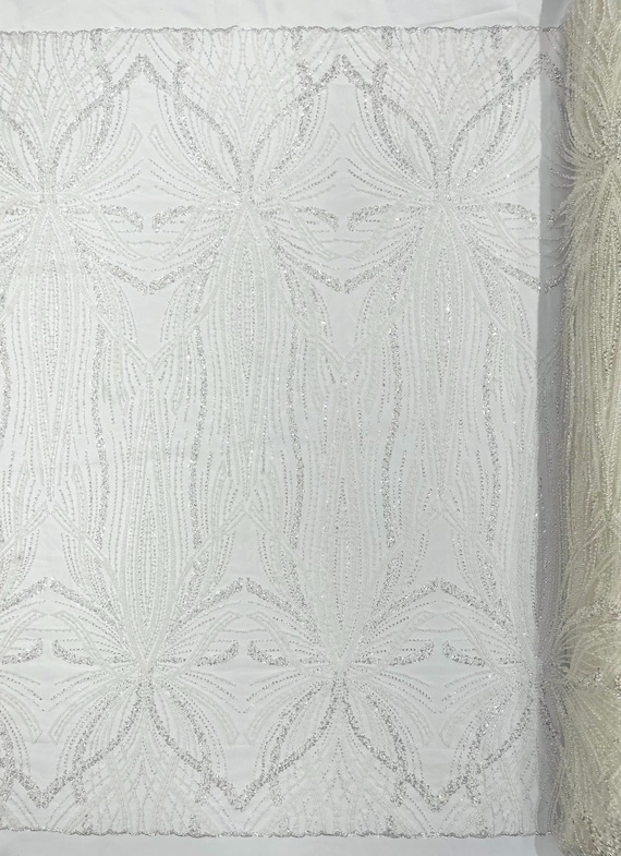 White Palm Beaded Lace Fabric, Heavy Embroidered Design on 58" Mesh for Dresses