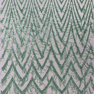 Mint Green Geometric Fringe Beaded Design With Sequins On A Mesh Fabric/Prom.