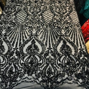 Shiny Sequin Damask Design On a 4 Way Stretch Mesh-Sold By the Yard. Black