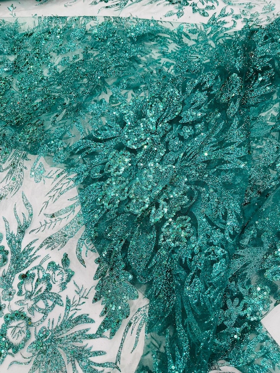 Hunter Green Big Glitter Damask Design On A Mesh Lace Fabric/Prom/Sold By The Yard