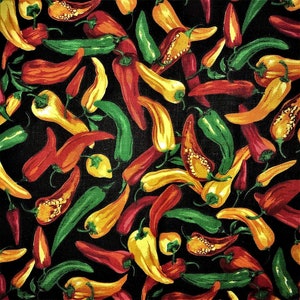 60" Wide Hot Chili Pepper Poly Cotton Print Fabric Sold By The Yard. Multi color On Black