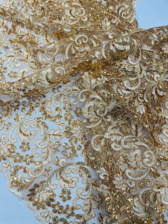 Rose Gold Metallic Corded Flowers Embroider With Sequins On a Mesh Lace Fabric- Sold By The Yard.