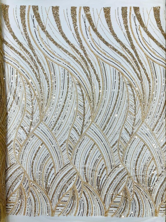 Champagne Luxury Feather Damask Beaded Lace Fabric| Prom| Wedding| By The Yard.