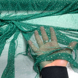 Emerald Green Sheer All Over AB Rhinestones On Stretch Power Mesh Fabric, Sold by The Yard