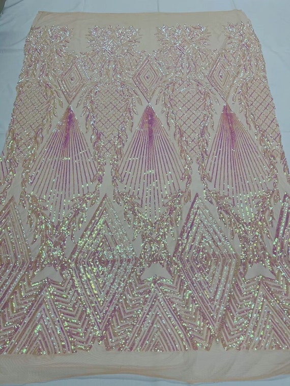 Geometric Diamond Design with Shiny Sequins On a 4 Way Stretch Mesh-Dresses-Prom-Nightgown-Sold By The Yard- Barbie Pink