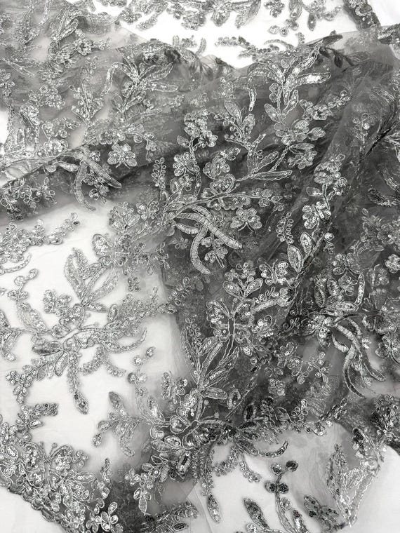 Silver Corded Lace with Butterfly Embroidery and Sequin on Mesh Fabric.-Sold by the yard