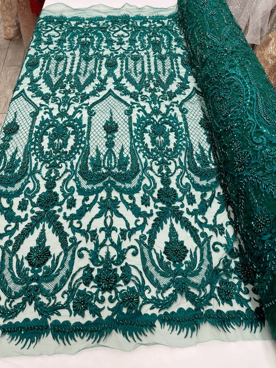 Diva Design Embroidery with Heavy Beaded On a Mesh Lace-Sold By The Yard. Hunter Green