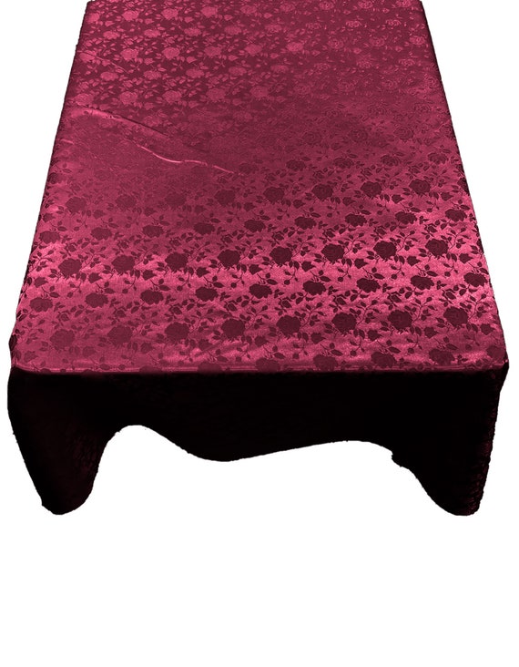 Burgundy Roses Jacquard Satin Rectangular Tablecloth Seamless/Party Supply