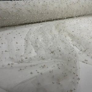 Heavy Scattered Pearls Studded Mesh, 2-Way Stretch, Sold By The Yard. Ivory