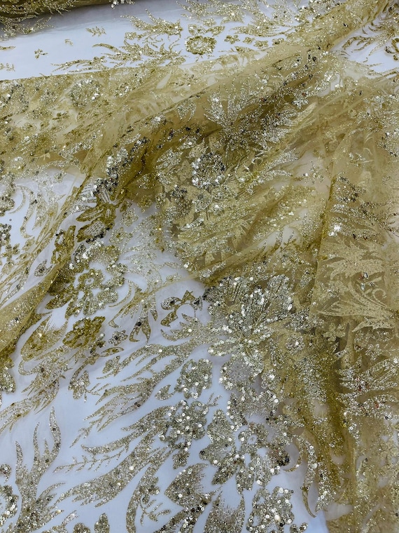 Gold Big Glitter Damask Design On A Mesh Lace Fabric/Prom/Sold By The Yard
