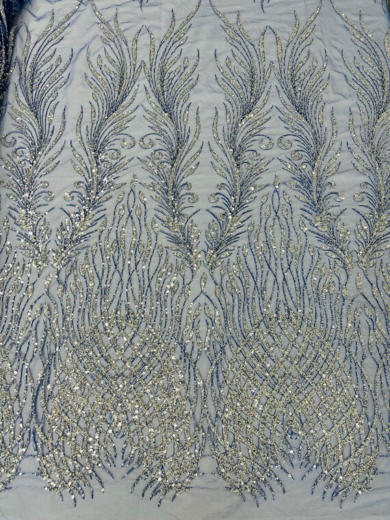 Royal Blue Feathers damask embroider and heavy beaded on a mesh lace fabric- Sold by the yard