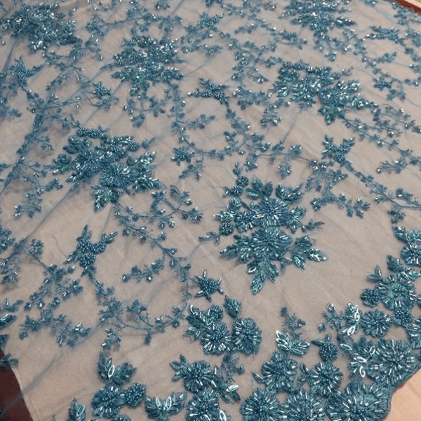 Gorgeous Flower Design Embroider And Beaded On a Mesh Lace. Wedding/Bridal/Prom/Nightgown Fabric. Sold By The Yard. Aqua Blue