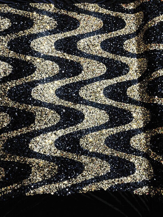Sequin Wave Design On White stretch velvet all over 5mm shining sequins 2-way stretch, sold by the yard - Black-Gold.