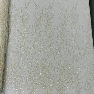 Feathers Damask Embroider and Heavy Beaded on a Mesh Lace Fabric-Sold By The Yard Off White