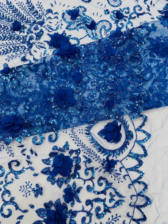Royal Blue Floral 3D Palm Damask with glitter in a Mesh Lace- Sold by the yard.