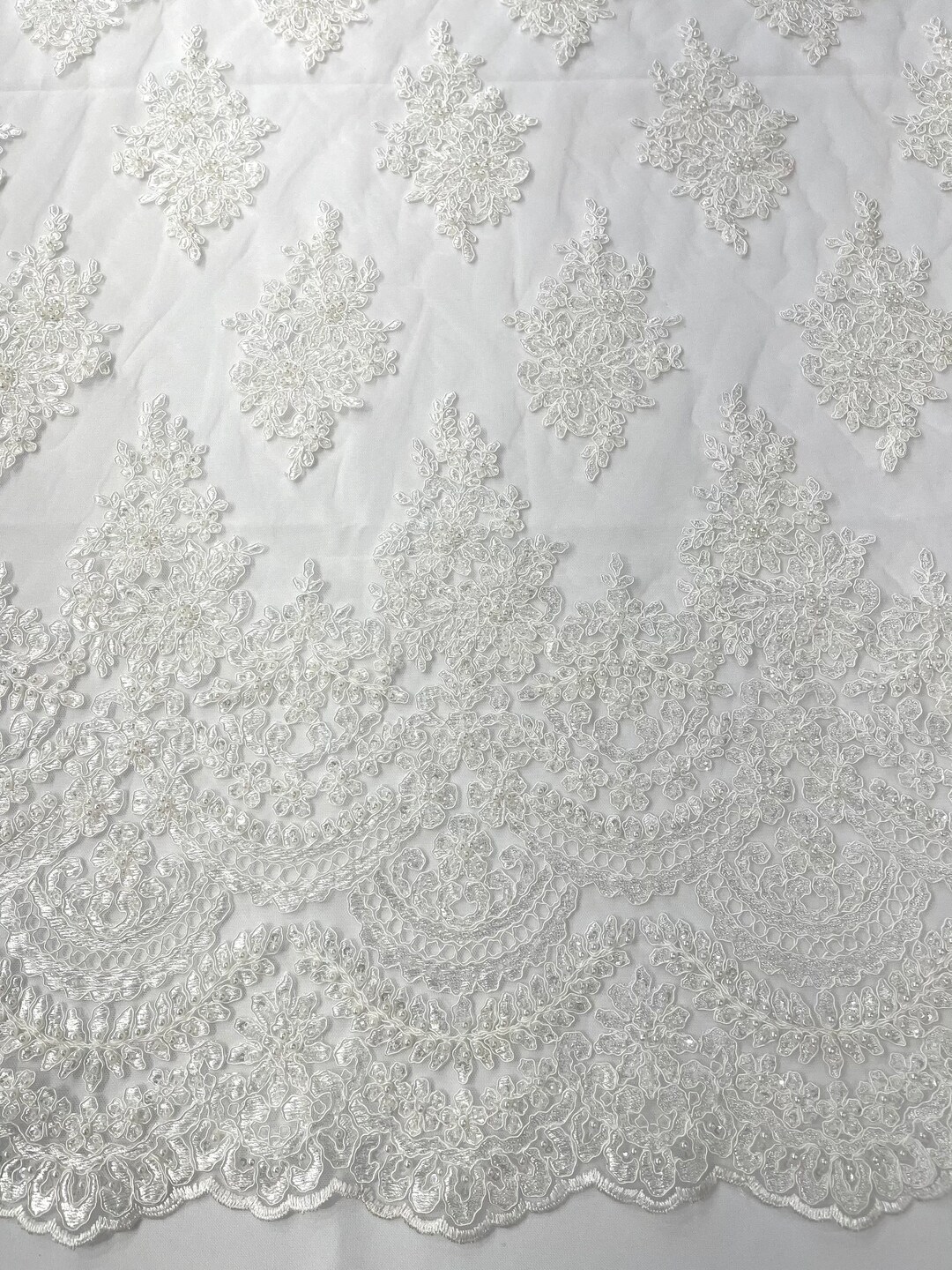 Metallic Floral Embroider and Heavy Beaded On a Mesh Lace Fabric-Sold By The Yard- Silver main image 1