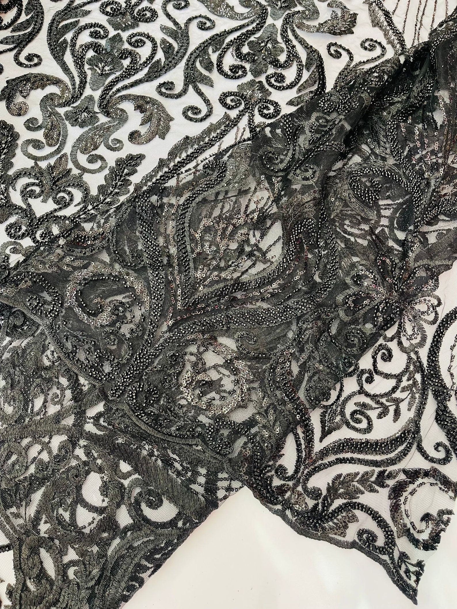 Burgundy floral damask embroider and heavy beaded on a mesh lace fabric-sold by the yard- main image 1