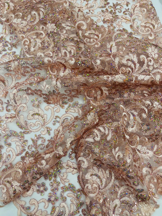 Blush Pink Metallic Corded Flowers Embroider With Sequins On a Mesh Lace Fabric- Sold By The Yard.