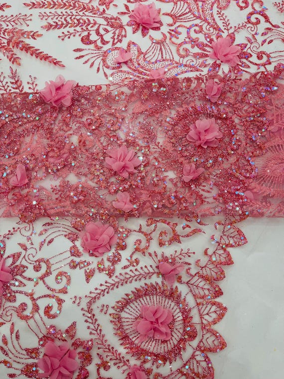 Pink Floral 3D Palm Damask with glitter in a Mesh Lace- Sold by the yard.