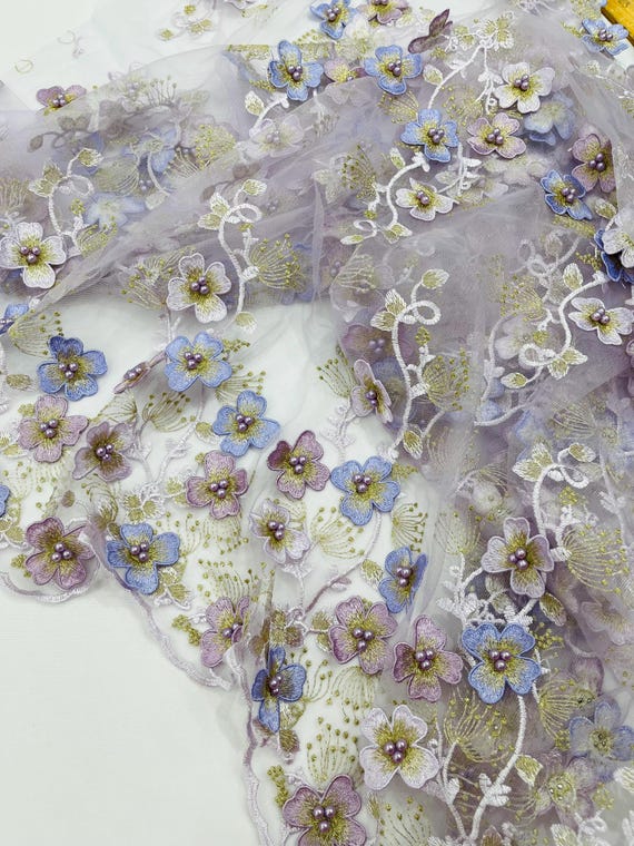 Lilac Multi Color 3D Floral Design Embroider with Pearls in a Mesh Lace -Sold by the yard.