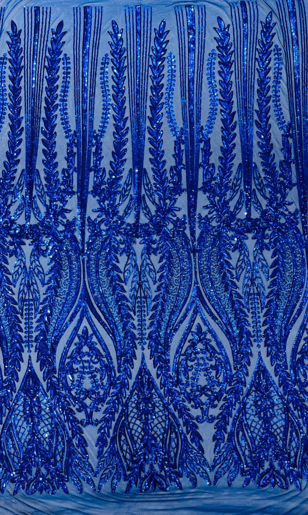 Royal Blue Damask Design With Sequins Embroider on a 4 Way Stretch Mesh ...