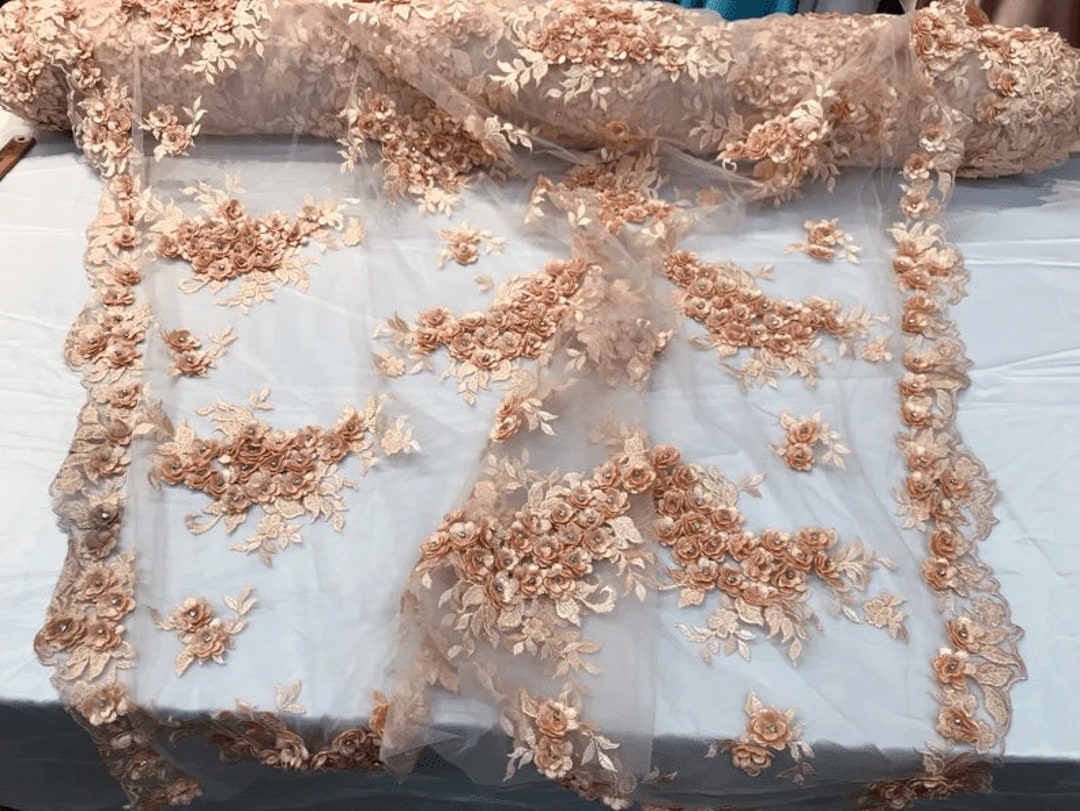 3D Floral Design Embroider with Pearls in a Mesh Lace-Sold by The Yard Red