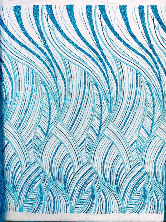 Turquoise Luxury Feather Damask Beaded Lace Fabric| Prom| Wedding| By The Yard.