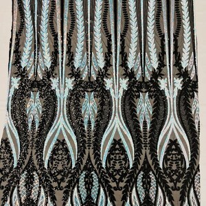 Two Tone Damask Design with Sequins Embroider on a 4 Way Stretch Mesh Fabric-Sold by The Yard. Aqua Iridescent Black