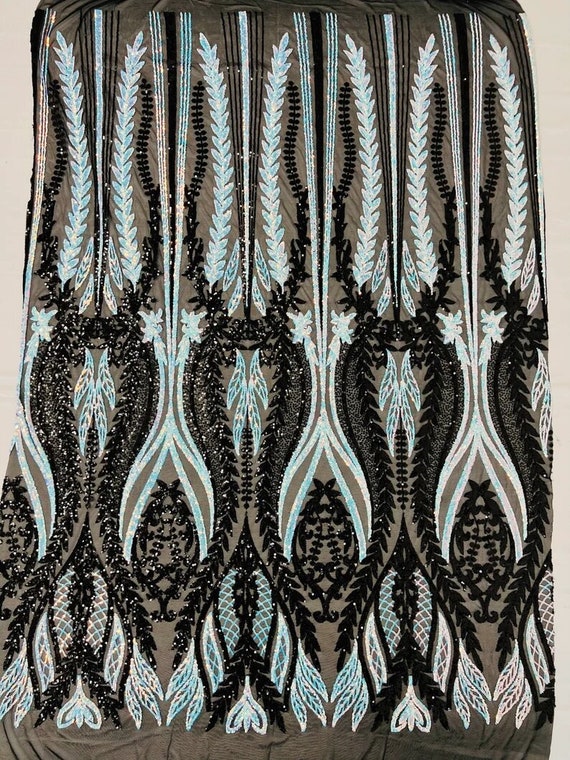 Two Tone Damask Design with Sequins Embroider on a 4 Way Stretch Mesh Fabric-Sold by The Yard. Aqua Iridescent Black