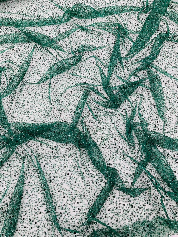 Hunter Green All Over Luxury Beaded Mesh with Pearls, Sequins for Wedding Dresses, Prom Gowns