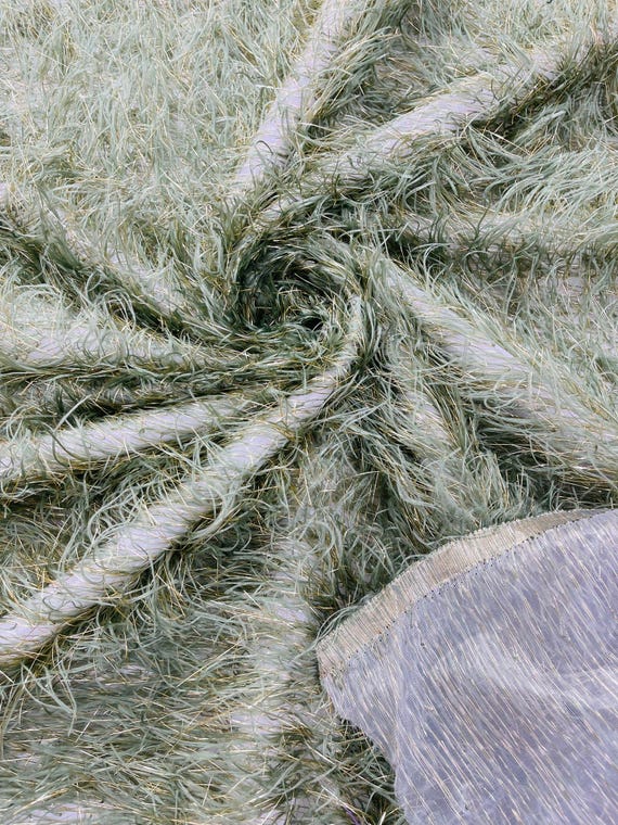 Sage Green Shaggy Jacquard Faux Ostrich/Eye Lash Feathers Sewing Fringe With Metallic Thread Fabric By The Yard