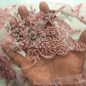 Floral/Flowers Embroider and Heavy Beaded On a Mesh Lace Fabric-Sold By The Yard- Dusty Rose