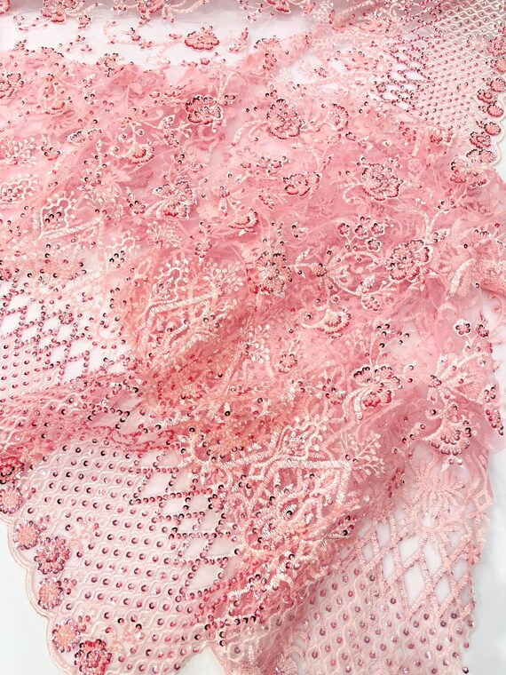 Pink Modern Luxury Beaded Fabric 54” Wide- Sold by the yard