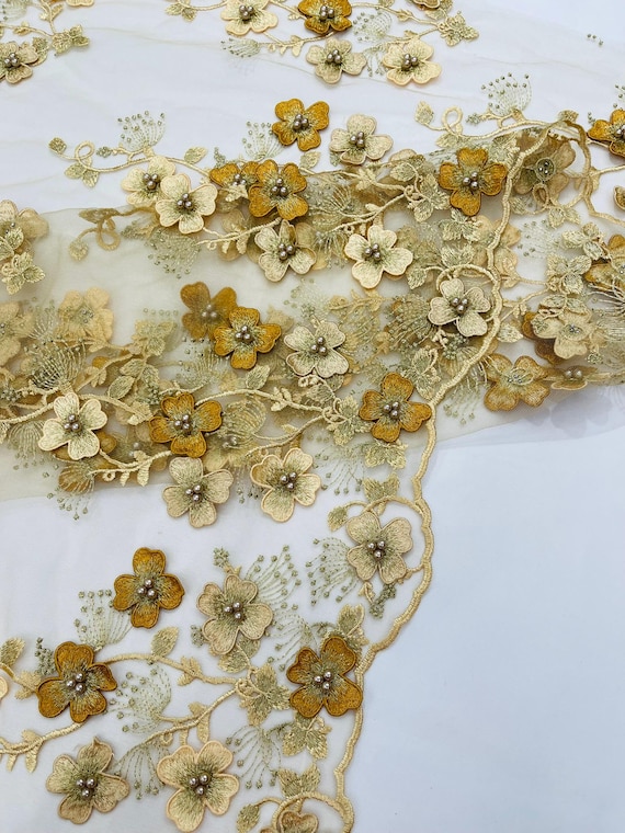 Gold Multi Color 3D Floral Design Embroider with Pearls in a Mesh Lace -Sold by the yard.