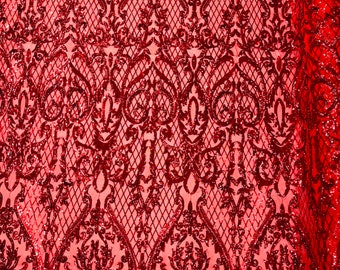 Red Shiny Heart Damask sequin design on a 4 way stretch mesh fabric-prom-sold by the yard.