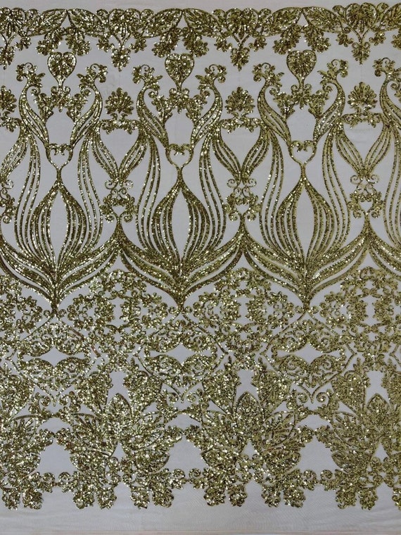 New Shiny Damask Design on a 4 Way Stretch Mesh-Prom-Sold by The Yard. Gold