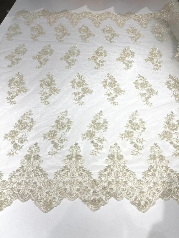 Elegant Hand Beaded Design Embroider on a Glitter Mesh Lace-Prom-Sold By The Yard. Ivory