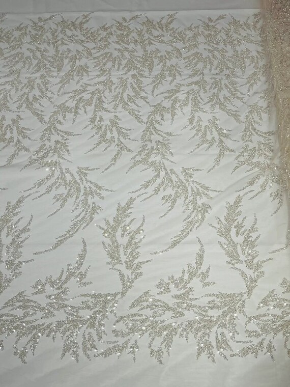 Elegant Hand Beaded Design Embroider on a Glitter Mesh Lace-Prom-Sold By The Yard. Clear Blush