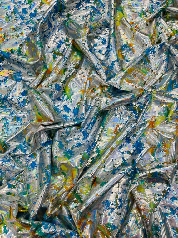 Silver Splatter Foil Paint Metallic Print on a 4-way Stretch Tie Dye Nylon Spandex Tricot/Milliskin -Sold by the yard.