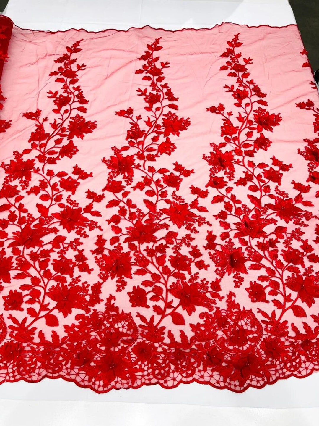 3D floral design embroider with pearls in a mesh lace-sold by the yard. Lavender