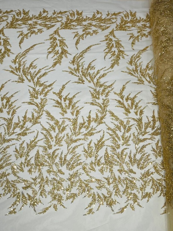 Elegant Hand Beaded Design Embroider on a Glitter Mesh Lace-Prom-Sold By The Yard. Gold