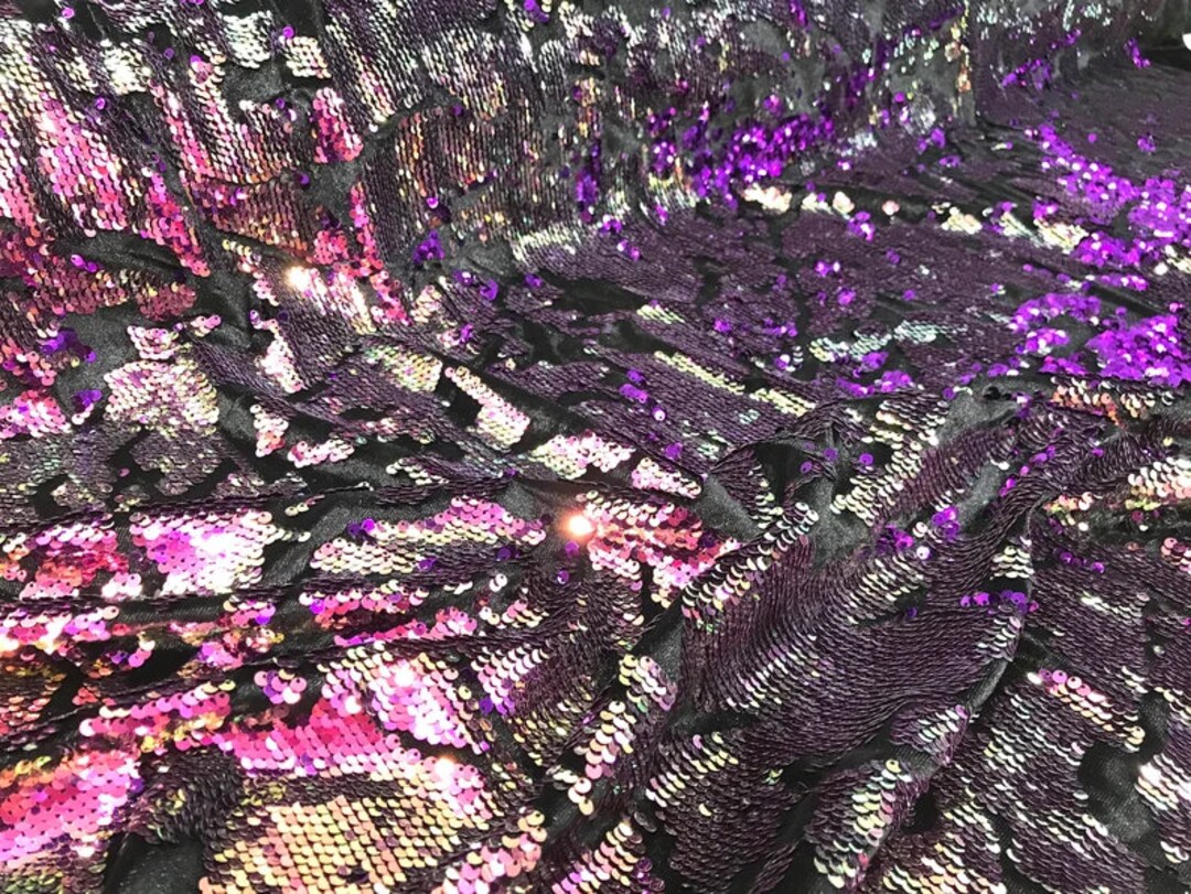 Sequins Flip Two Tone Camouflage Design on a Black Stretch Velvet, Sold by the Yard. Rainbow/Royal main image 0