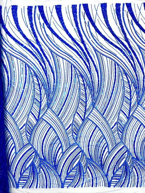 Royal Blue  Luxury Feather Damask Beaded Lace Fabric| Prom| Wedding| By The Yard.
