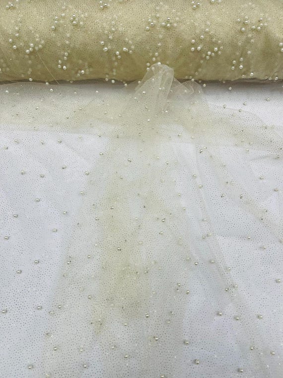 Ivory Pearl Glitter Studded Mesh, 2-Way Stretch Shimmer Mesh Fabric, Sold by the yard.