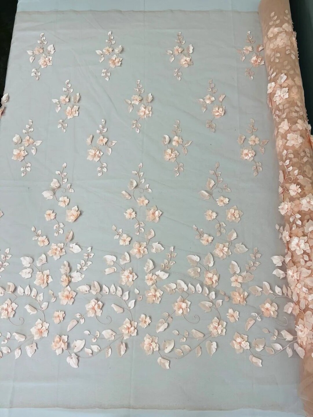 Taupe/pink French Beaded Design Embroider On A Mesh-Prom-nightgown-sold By Yard.