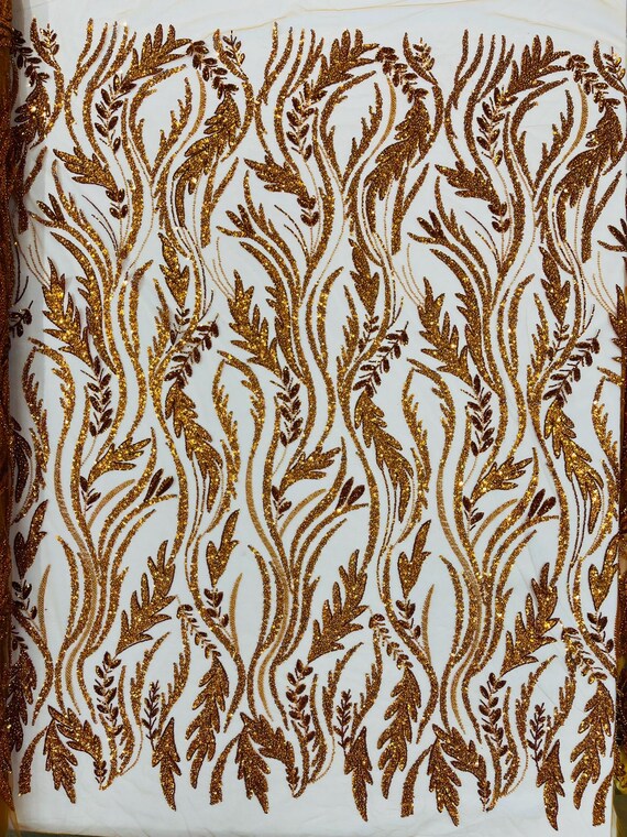 Burnt Orange Luxury Festival Beaded Vine Lace Fabric, Sold by The Yard.