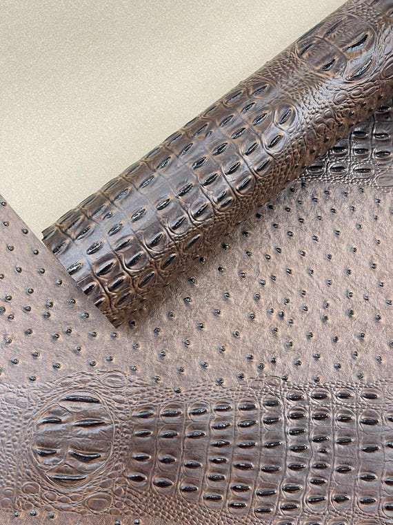 Grizzly Brown Gator Ostrich Embossed Vinyl Fabric By The Yard / 2 Tone Crocodile Ostrich Vinyl Leather 54" Wide