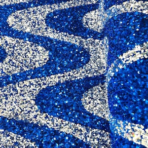 Sequin Wave Design On White stretch velvet all over 5mm shining sequins 2-way stretch, sold by the yard - Royal Blue - Silver.